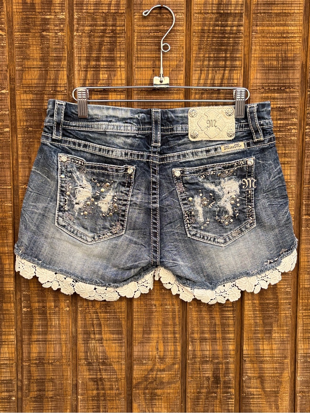 Miss Me Signature Bedazzled Lace Hem Denim Shorts